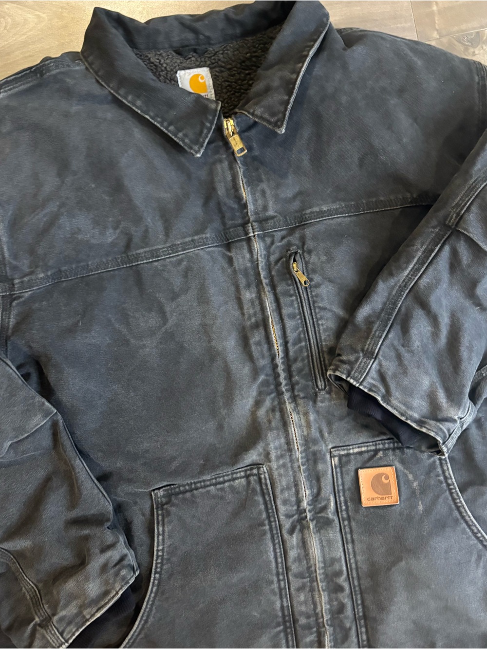 Vintage Carhartt C61 BLK Sandstone Ridge Coat Jacket Sherpa Lined Faded Black 2X